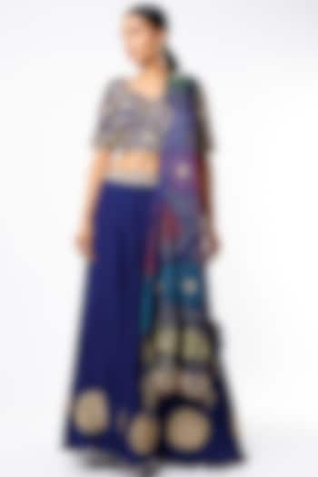 Blue Hand Embroidered Crushed Lehenga Set by SURBHI SHAH