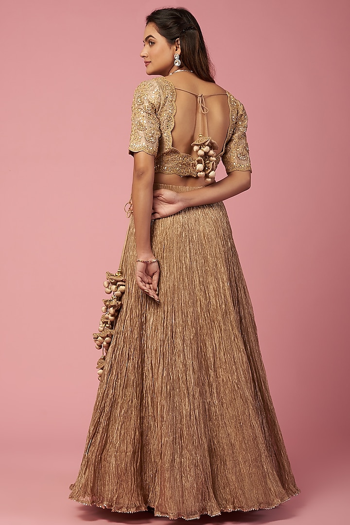 Dull Gold Hand Embroidered Wedding Lehenga Set by SURBHI SHAH at Pernia's Pop Up Shop
