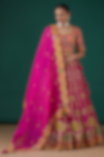 Strawberry Pink Silk Hand Embroidered Bridal Lehenga Set by SURBHI SHAH at Pernia's Pop Up Shop