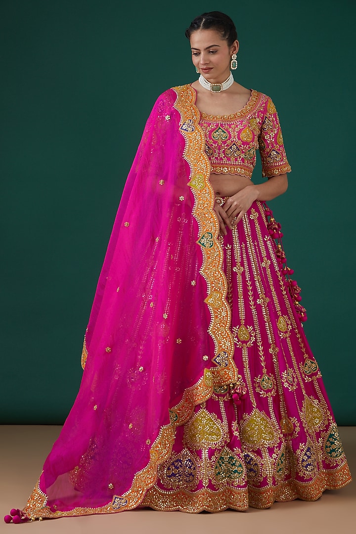 Strawberry Pink Silk Hand Embroidered Lehenga Set Design by SURBHI SHAH ...