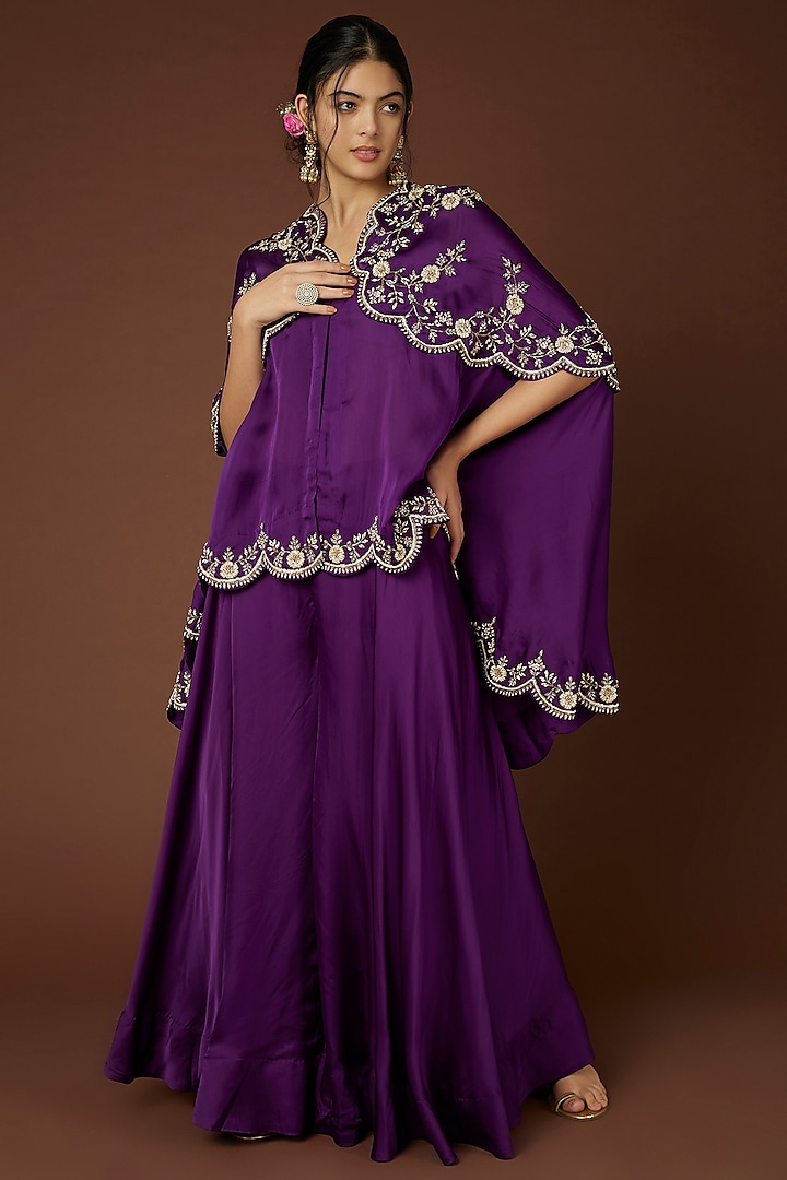 Purple Hand Embroidered Cape Set by SURBHI SHAH