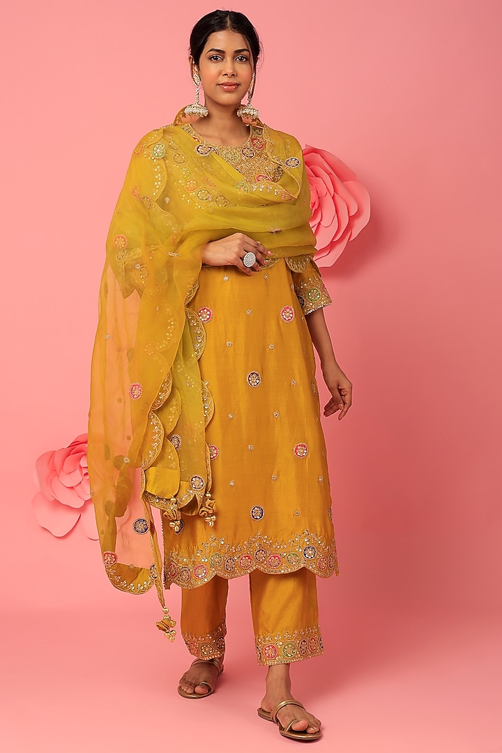 Mustard-Green Embroidered Kurta Set by SURBHI SHAH at Pernia's Pop Up Shop