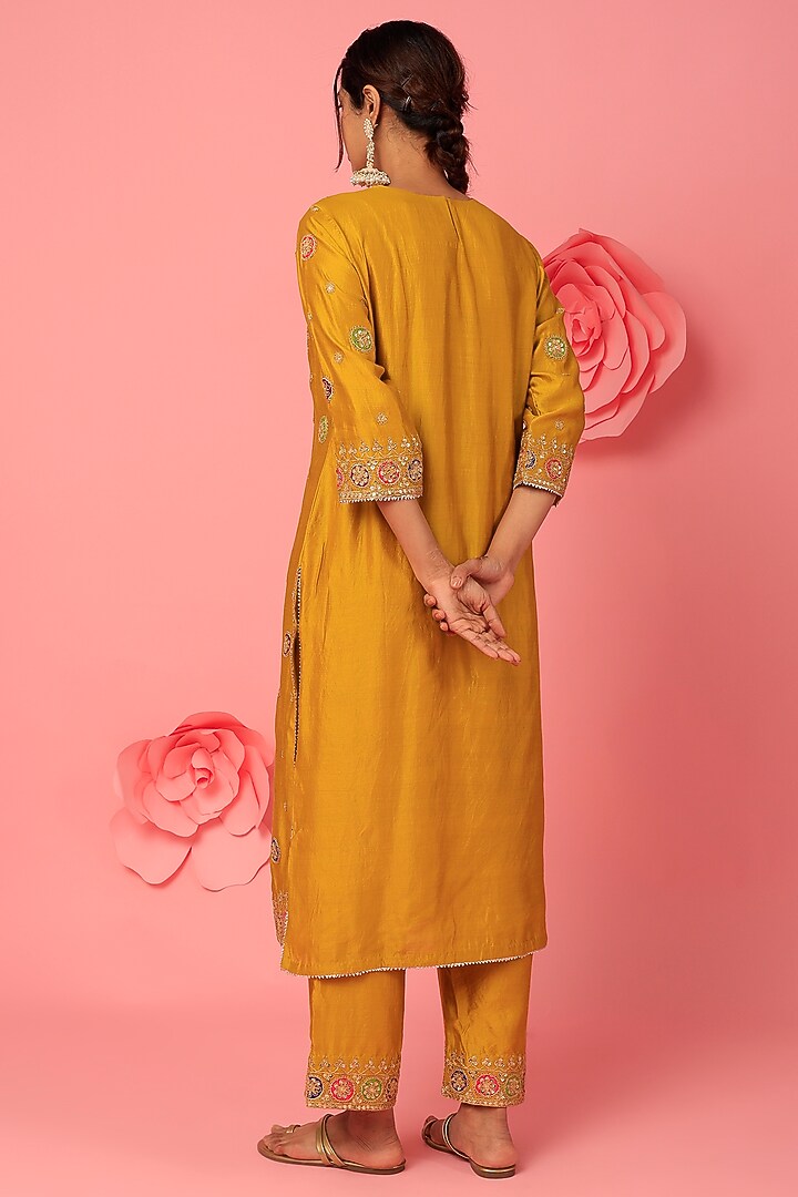Mustard-Green Embroidered Kurta Set by SURBHI SHAH at Pernia's Pop Up Shop