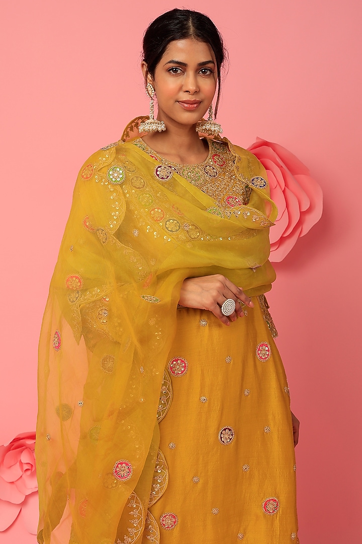 Mustard-Green Embroidered Kurta Set by SURBHI SHAH at Pernia's Pop Up Shop