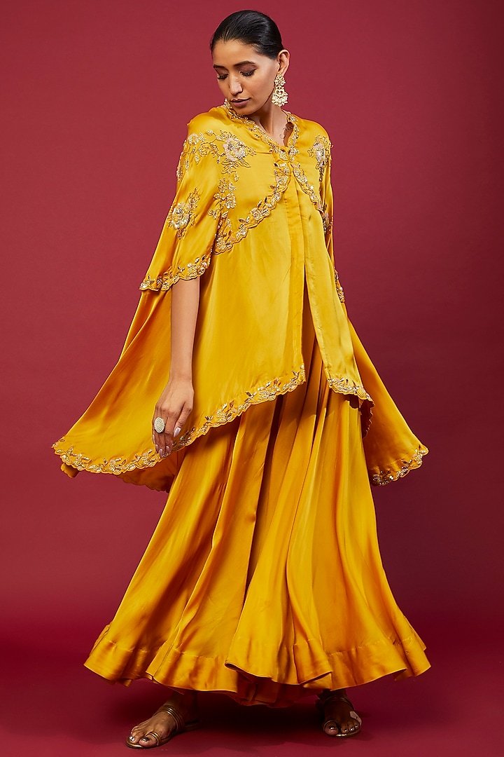 Yellow Viscose Organza Hand Embroidered Cape Set by SURBHI SHAH at Pernia's Pop Up Shop