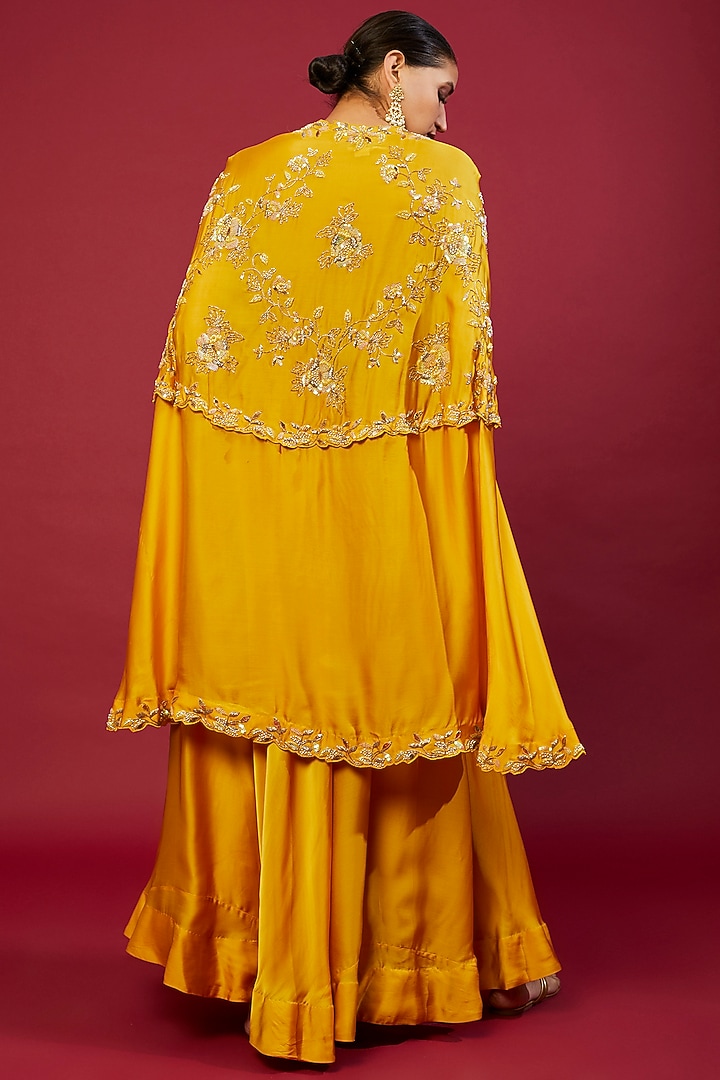 Yellow Viscose Organza Hand Embroidered Cape Set by SURBHI SHAH at Pernia's Pop Up Shop