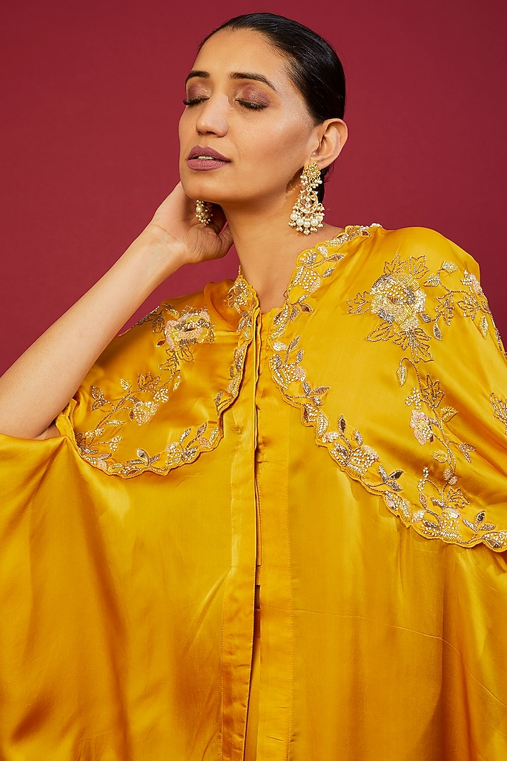 Yellow Viscose Organza Hand Embroidered Cape Set by SURBHI SHAH at Pernia's Pop Up Shop