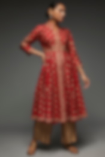 Maroon Spun Silk Hand Embroidered Wedding Anarkali Set by SURBHI SHAH at Pernia's Pop Up Shop