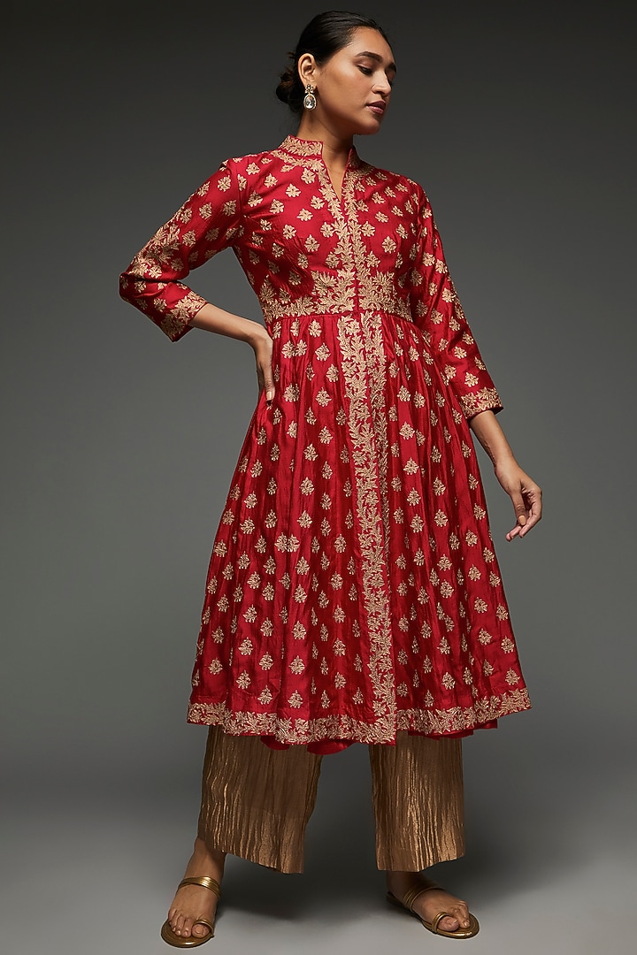 Maroon Spun Silk Hand Embroidered Wedding Anarkali Set by SURBHI SHAH at Pernia's Pop Up Shop