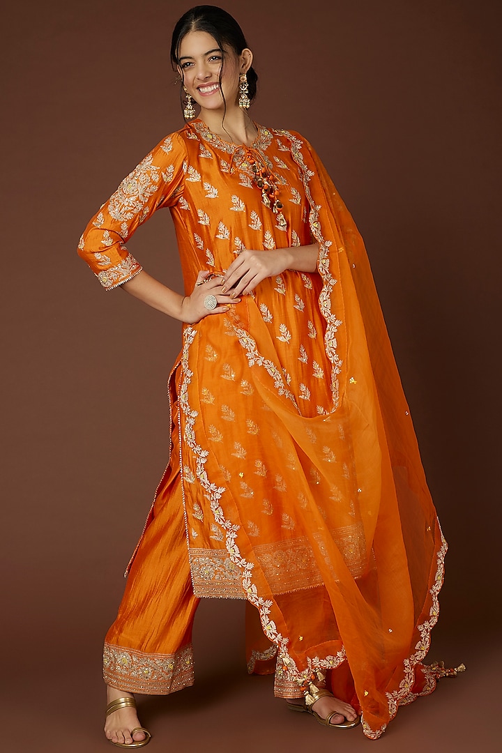 Orange Hand Embroidered Kurta Set by SURBHI SHAH