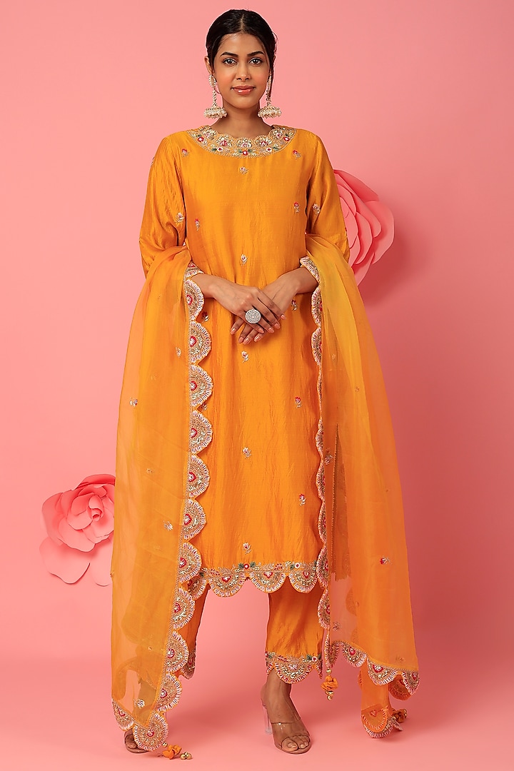 Mustard Yellow Embroidered Kurta Set Design By Surbhi Shah At Pernias