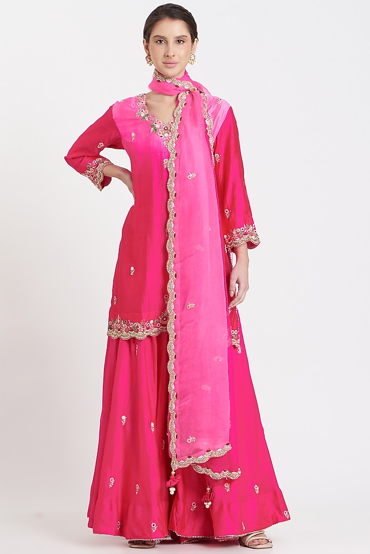 Hot Pink Embroidered Wedding Sharara Set by SURBHI SHAH at Pernia's Pop Up Shop