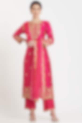 Hot Pink Silk Embroidered Kurta Set by SURBHI SHAH at Pernia's Pop Up Shop