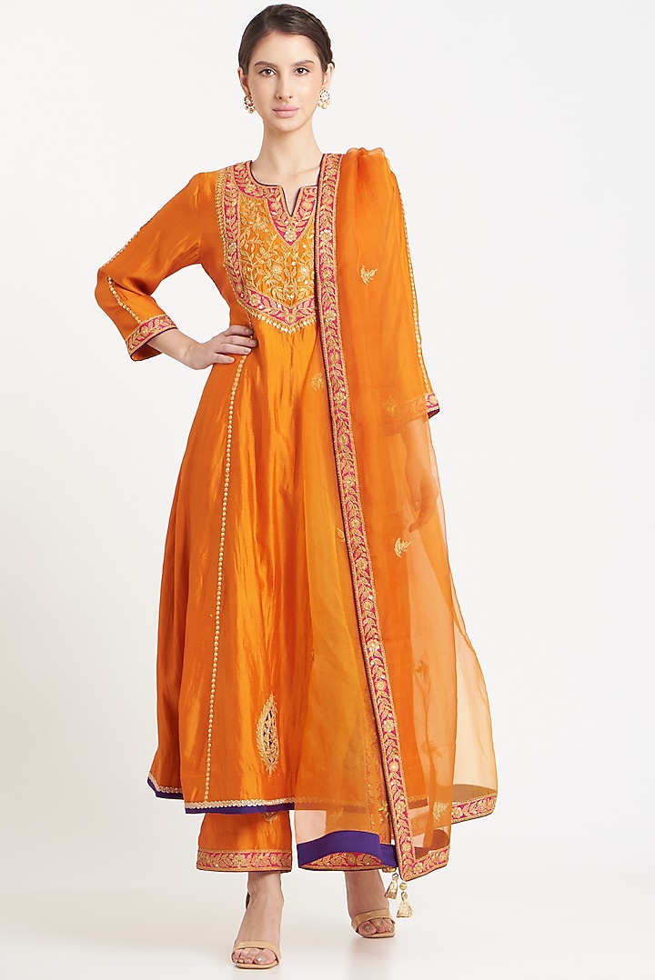 Orange Silk Embroidered Anarkali Set Design by SURBHI SHAH at Pernia's