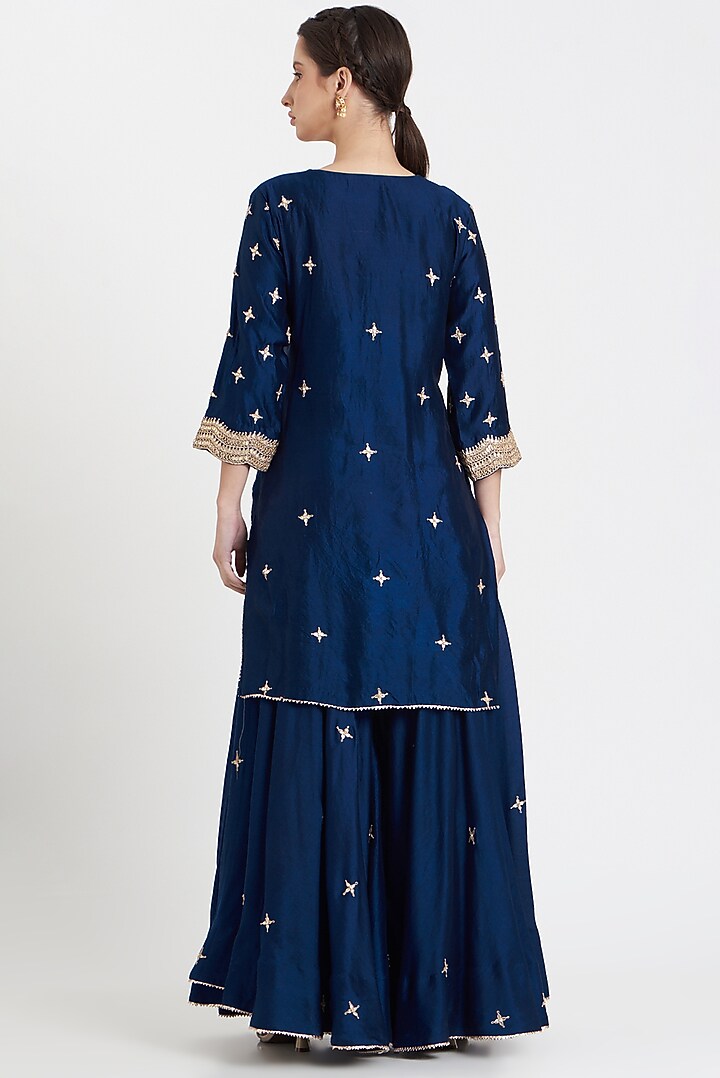 Navy Blue Silk Embroidered Wedding Sharara Set by SURBHI SHAH at Pernia's Pop Up Shop