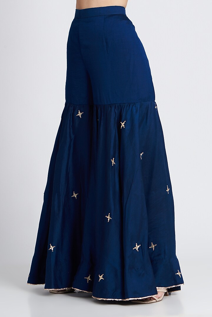 Navy Blue Silk Embroidered Wedding Sharara Set by SURBHI SHAH at Pernia's Pop Up Shop