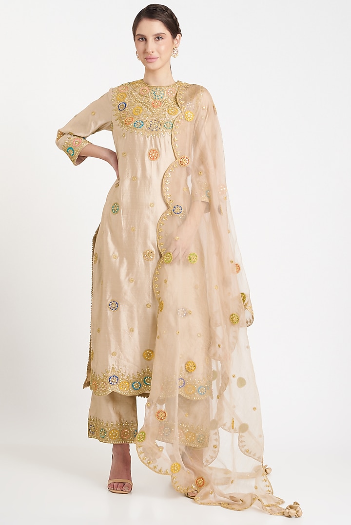 Beige Silk Embroidered Kurta Set by SURBHI SHAH at Pernia's Pop Up Shop