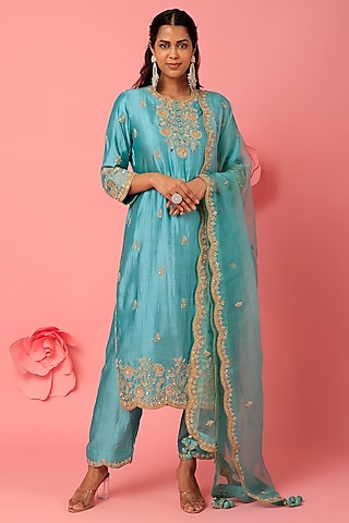 Sea Blue Hand Embroidered Kurta Set by SURBHI SHAH