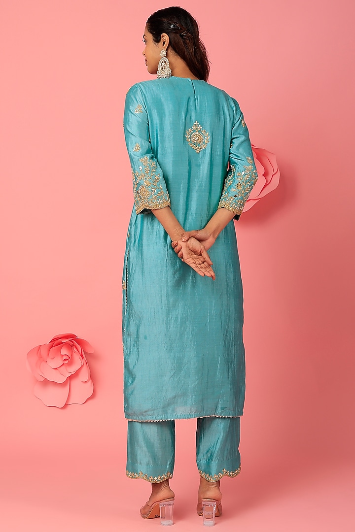 Sea Blue Hand Embroidered Kurta Set by SURBHI SHAH at Pernia's Pop Up Shop
