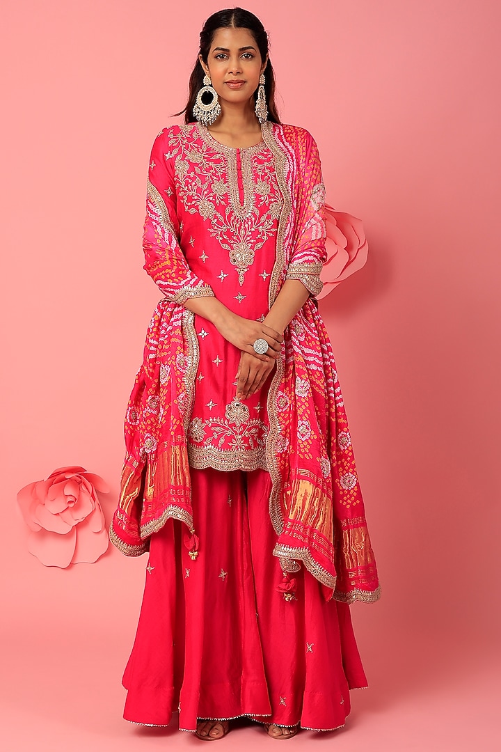 Rani Pink Pure Spun Silk Wedding Sharara Set by SURBHI SHAH at Pernia's Pop Up Shop