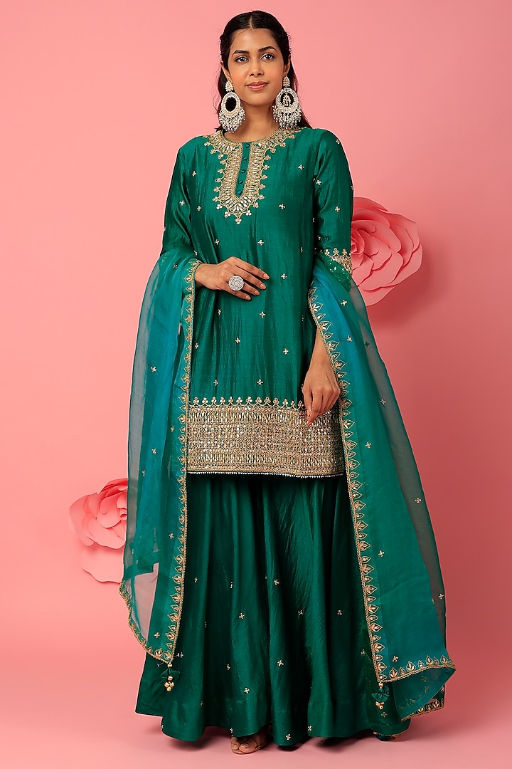 Bottle Green Pure Spun Silk Sharara Set Design by SURBHI SHAH at Pernia ...