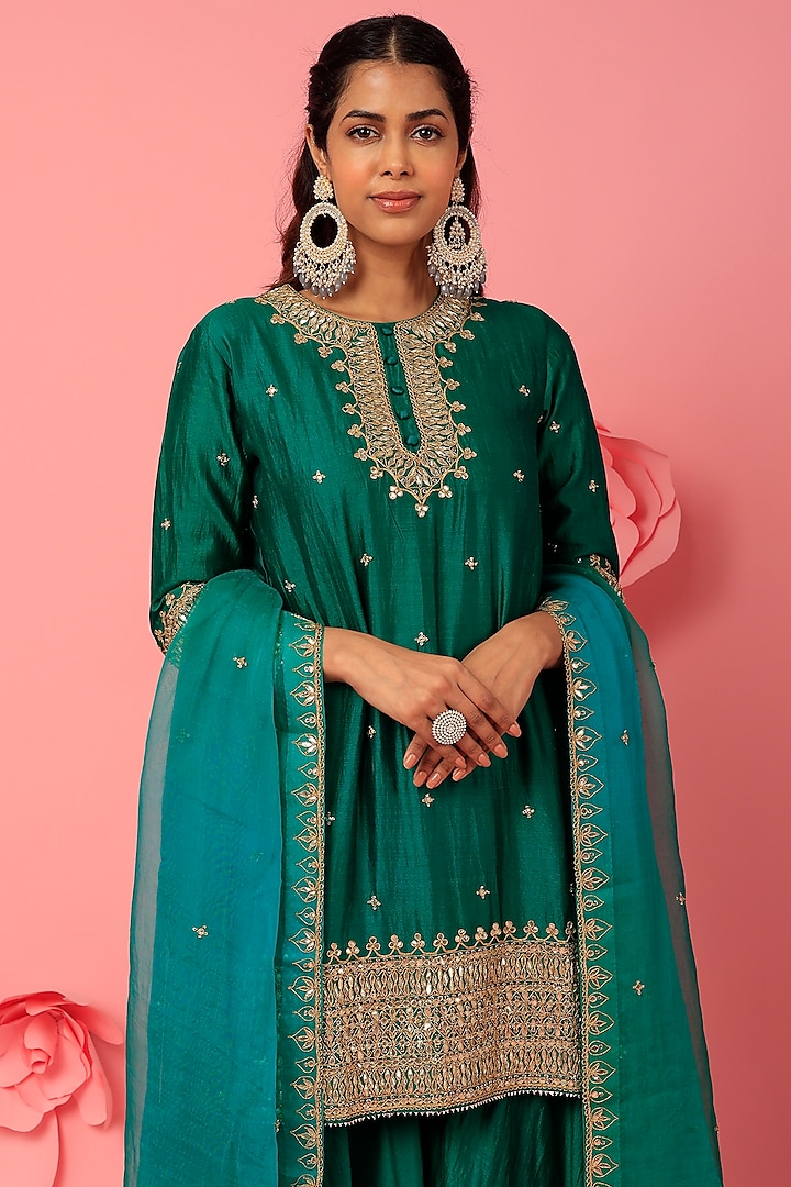 Bottle Green Pure Spun Silk Wedding Sharara Set by SURBHI SHAH at Pernia's Pop Up Shop