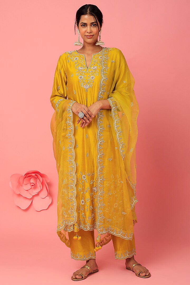 Mustard Green Hand Embroidered Kurta Set by SURBHI SHAH at Pernia's Pop Up Shop