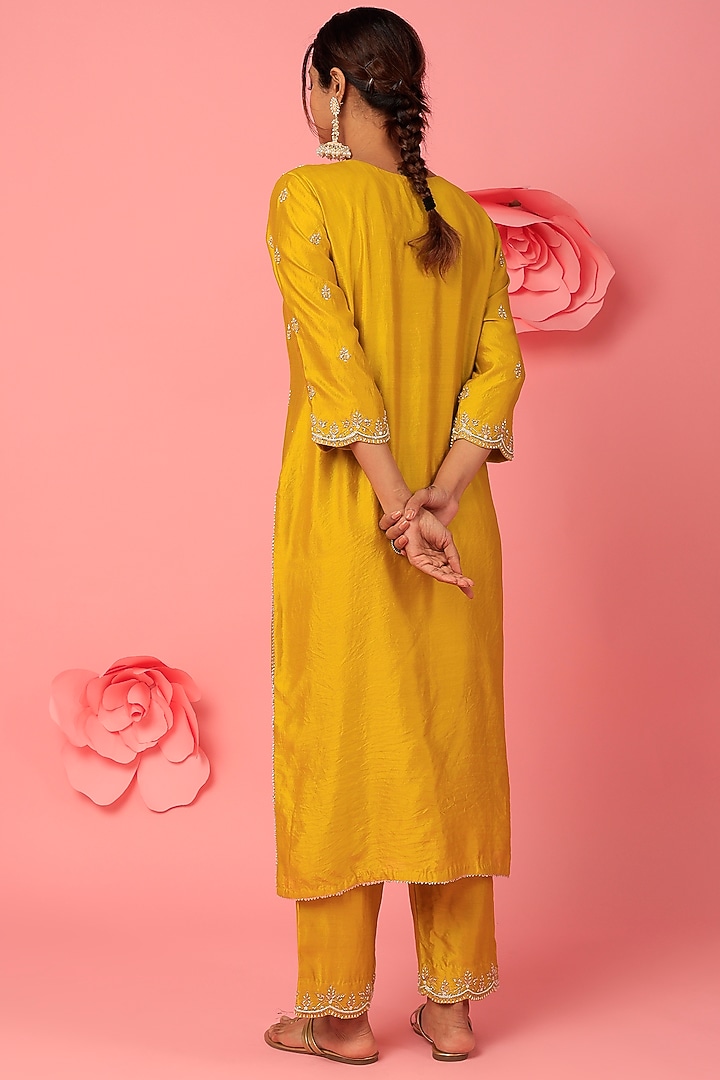 Mustard Green Hand Embroidered Kurta Set by SURBHI SHAH at Pernia's Pop Up Shop