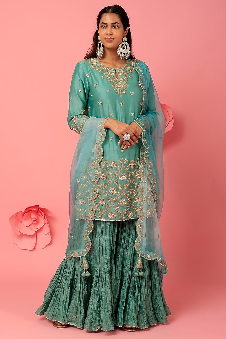 Sea Blue Pure Spun Silk Crush Wedding Sharara Set by SURBHI SHAH at Pernia's Pop Up Shop