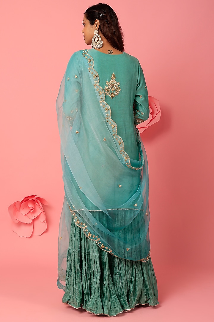 Sea Blue Pure Spun Silk Crush Wedding Sharara Set by SURBHI SHAH at Pernia's Pop Up Shop