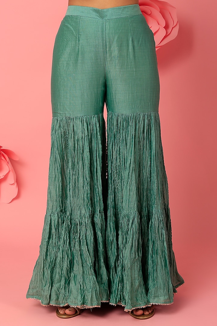 Sea Blue Pure Spun Silk Crush Wedding Sharara Set by SURBHI SHAH at Pernia's Pop Up Shop