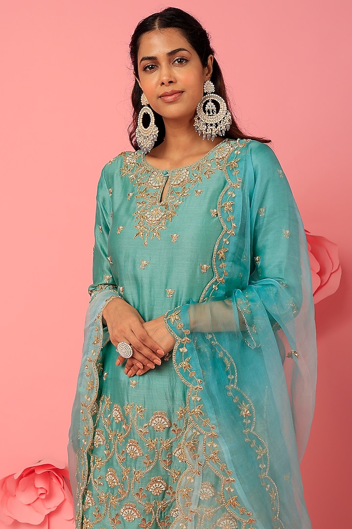 Sea Blue Pure Spun Silk Crush Wedding Sharara Set by SURBHI SHAH at Pernia's Pop Up Shop