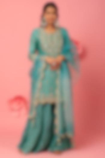 Sea Blue Chanderi Hand Embroidered Kurta Set by SURBHI SHAH at Pernia's Pop Up Shop