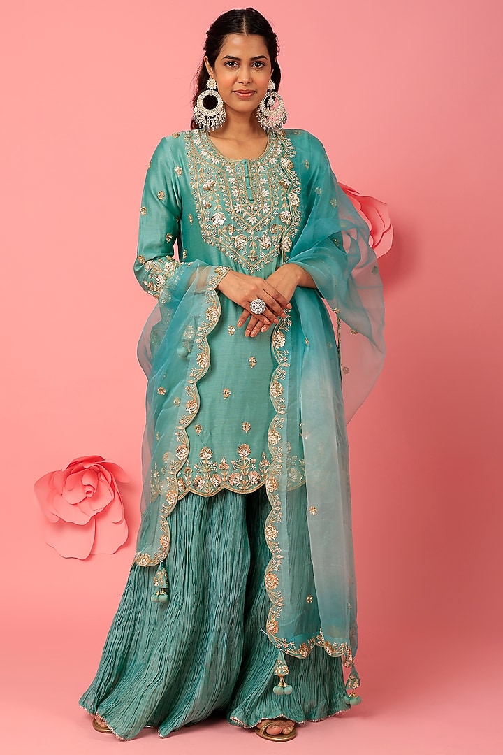 Sea Blue Chanderi Hand Embroidered Kurta Set by SURBHI SHAH at Pernia's Pop Up Shop