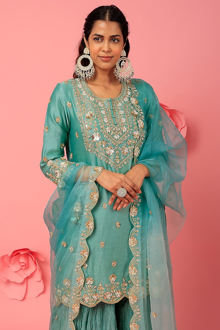 Sea Blue Chanderi Hand Embroidered Kurta Set by SURBHI SHAH at Pernia's Pop Up Shop