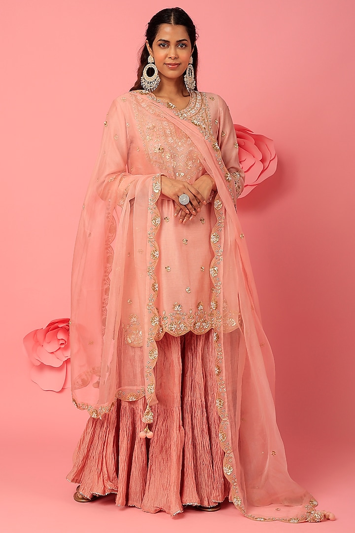 Rose Gold Pure Spun Silk Crush Sharara Set by SURBHI SHAH