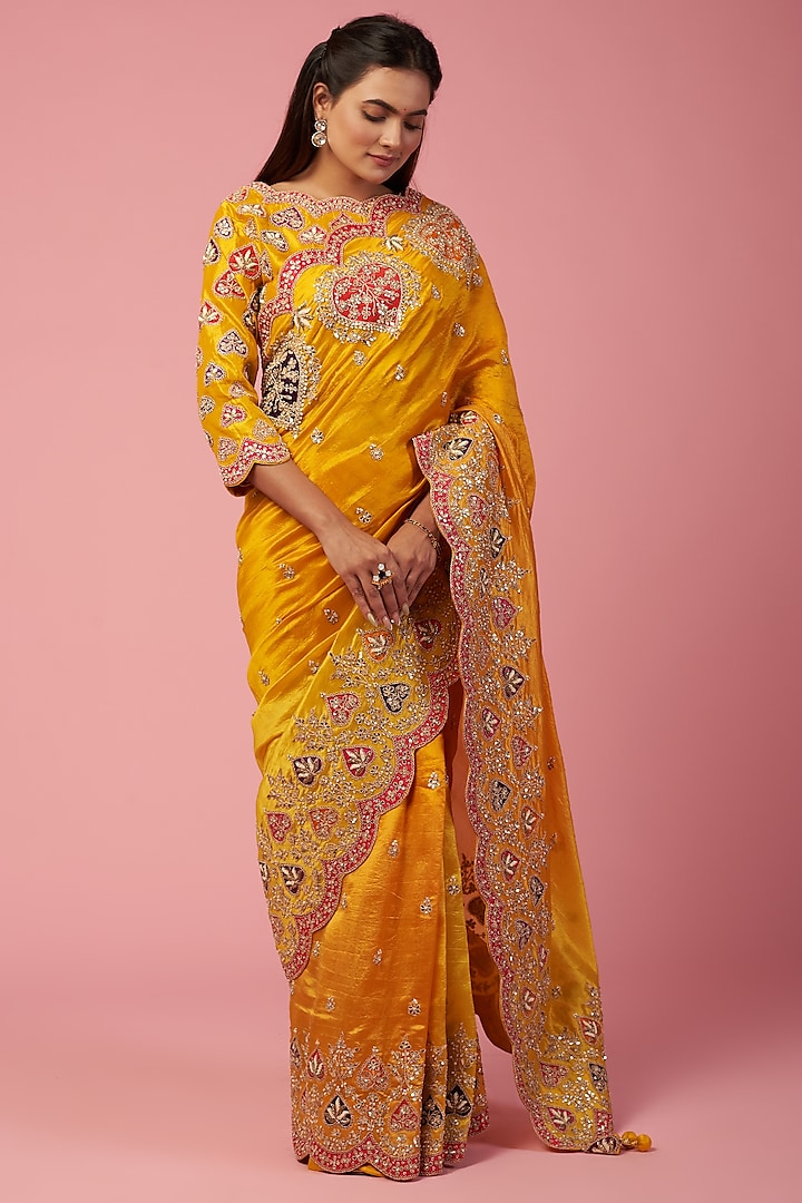 Shaded Yellow Embroidered Saree Set by SURBHI SHAH