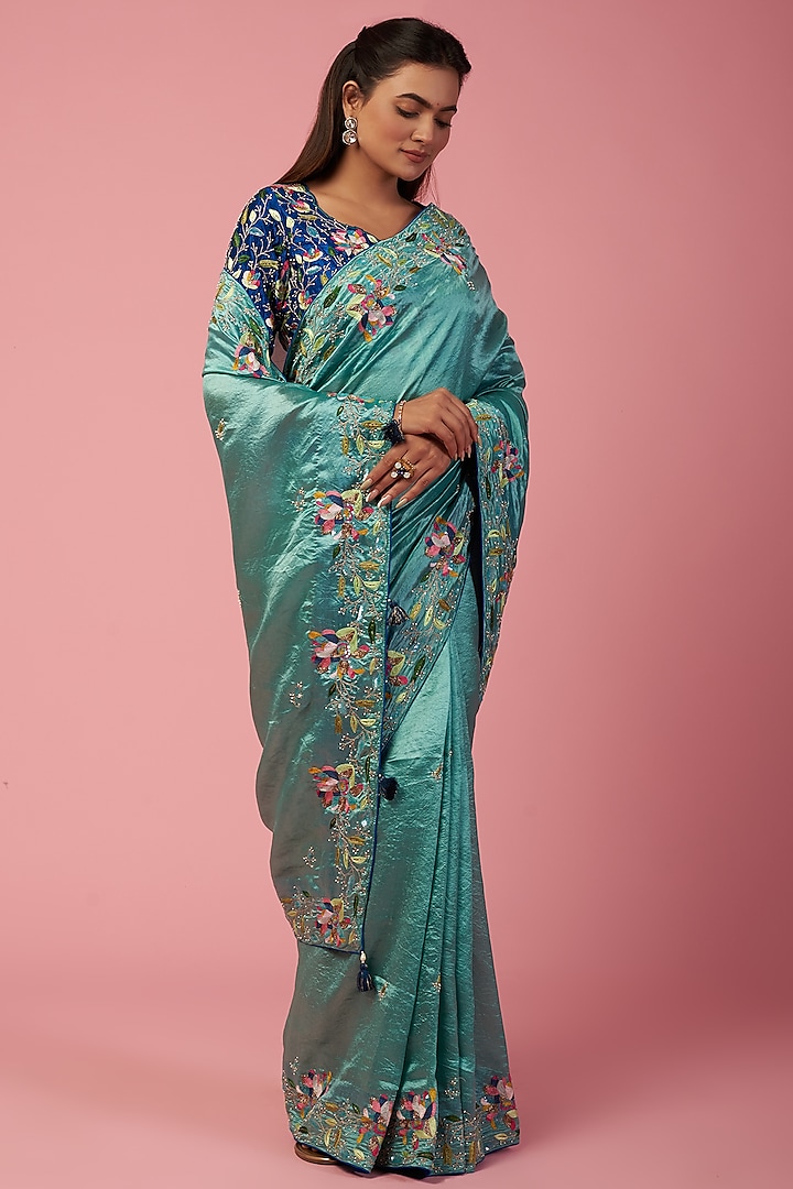 Powder Blue Embroidered Saree Set by SURBHI SHAH