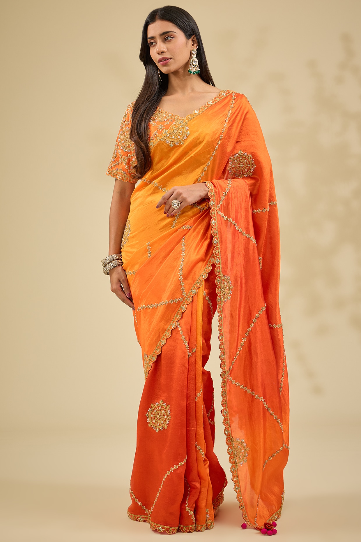 Orange Kora Silk Marodi Work Saree Set by Surbhi Shah at Pernia's