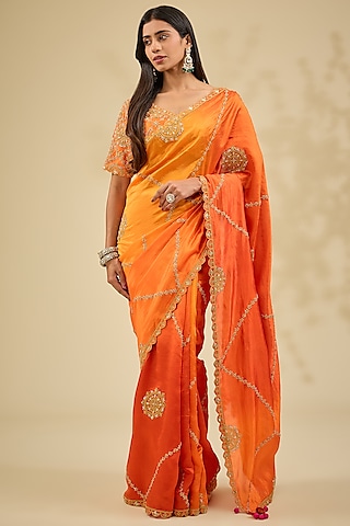 Orange Kora Silk Marodi Work Saree Set by Surbhi Shah
