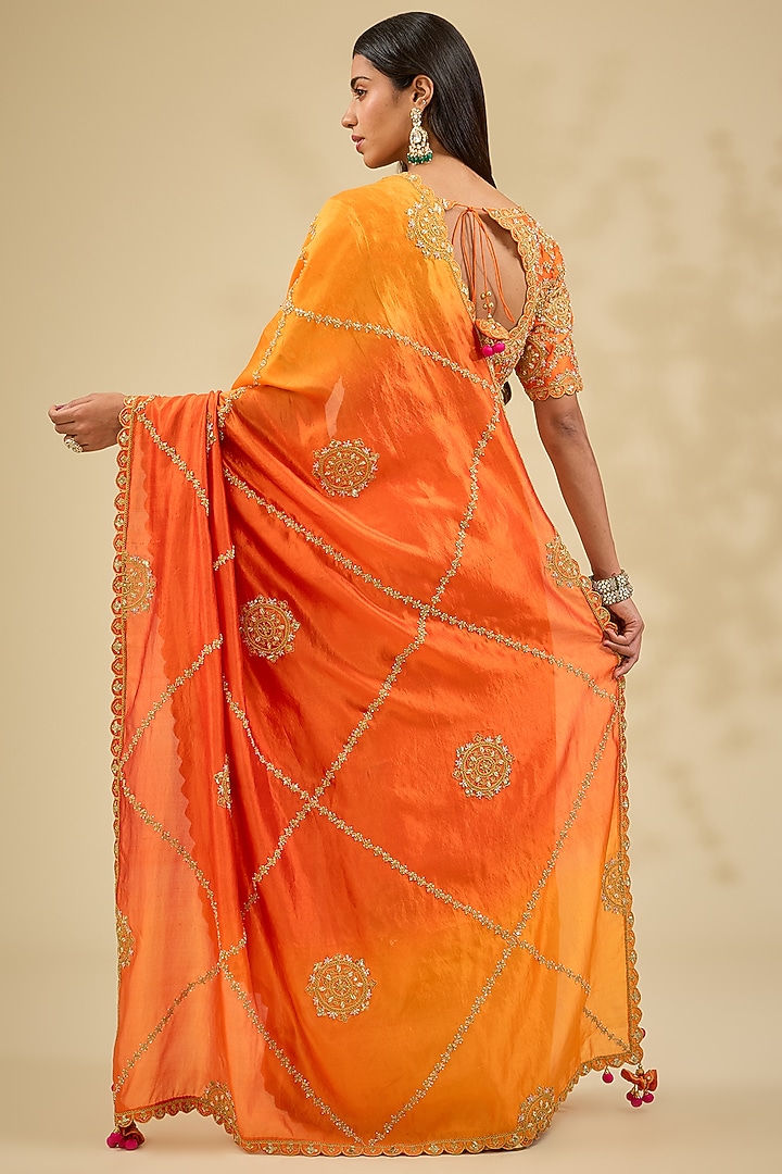 Orange Kora Silk Marodi Work Wedding Saree Set by Surbhi Shah at Pernia's Pop Up Shop