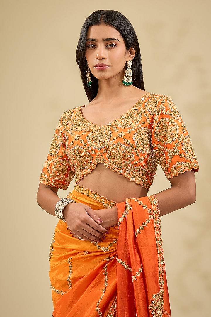 Orange Kora Silk Marodi Work Wedding Saree Set by Surbhi Shah at Pernia's Pop Up Shop