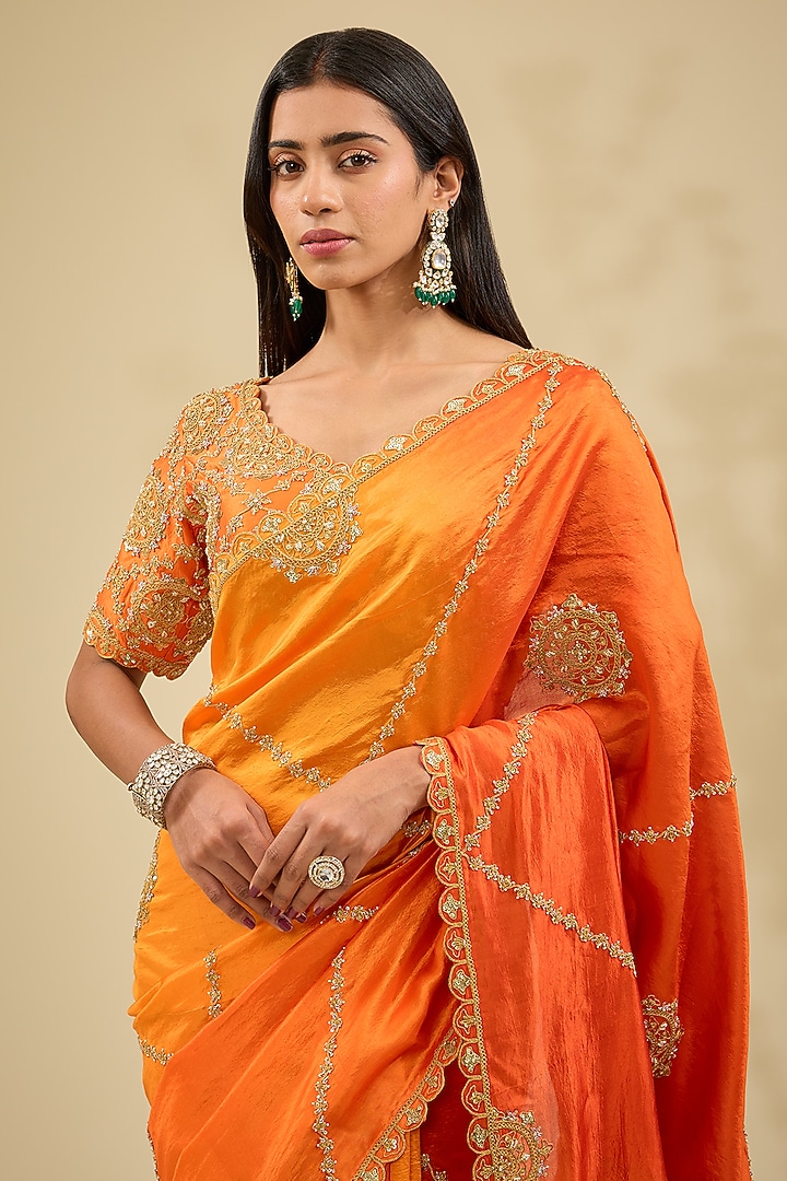 Orange Kora Silk Marodi Work Wedding Saree Set by Surbhi Shah at Pernia's Pop Up Shop