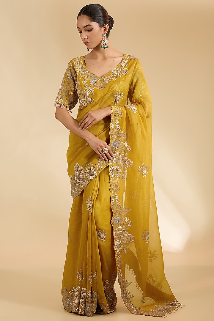 Mustard Yellow Satin Organza Silver Sequins Work Saree Set by Surbhi Shah at Pernia's Pop Up Shop