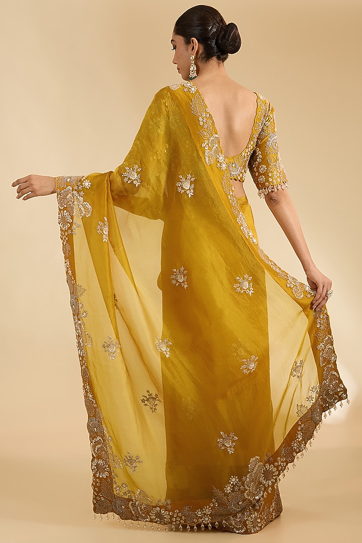 Mustard Yellow Satin Organza Silver Sequins Work Reception Saree Set by Surbhi Shah at Pernia's Pop Up Shop