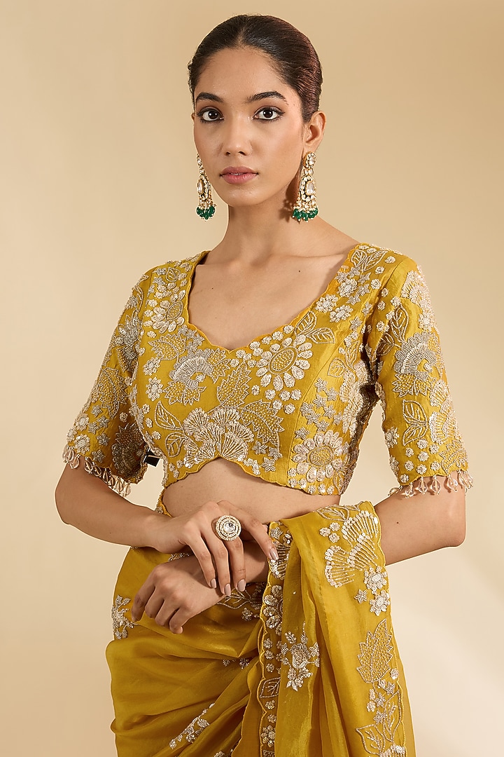 Mustard Yellow Satin Organza Silver Sequins Work Reception Saree Set by Surbhi Shah at Pernia's Pop Up Shop