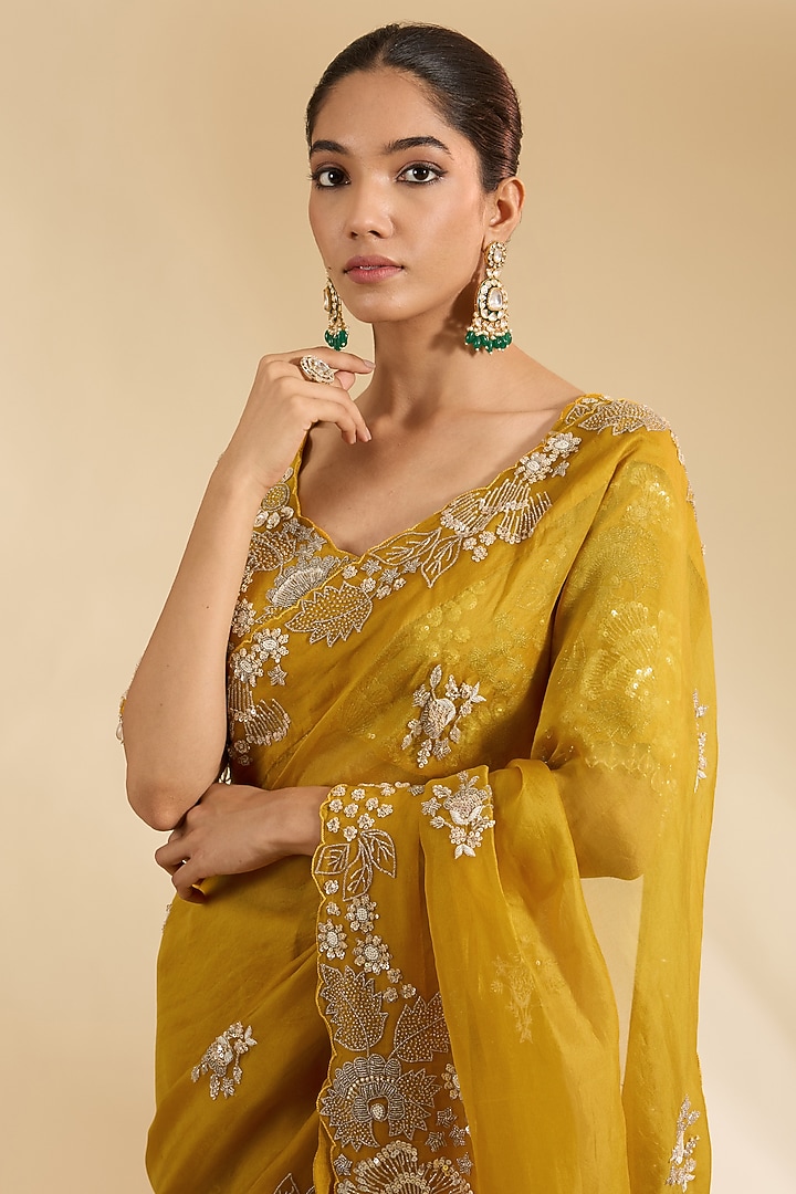 Mustard Yellow Satin Organza Silver Sequins Work Reception Saree Set by Surbhi Shah at Pernia's Pop Up Shop
