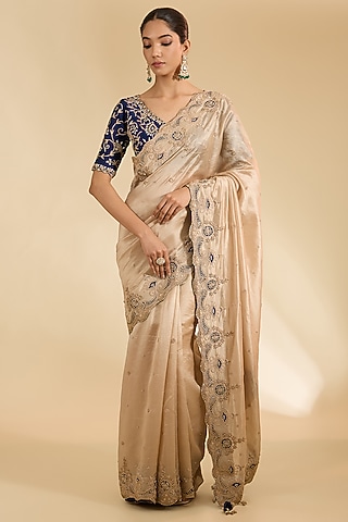 Silver Kora Silk Marori Patch Work Saree Set by Surbhi Shah