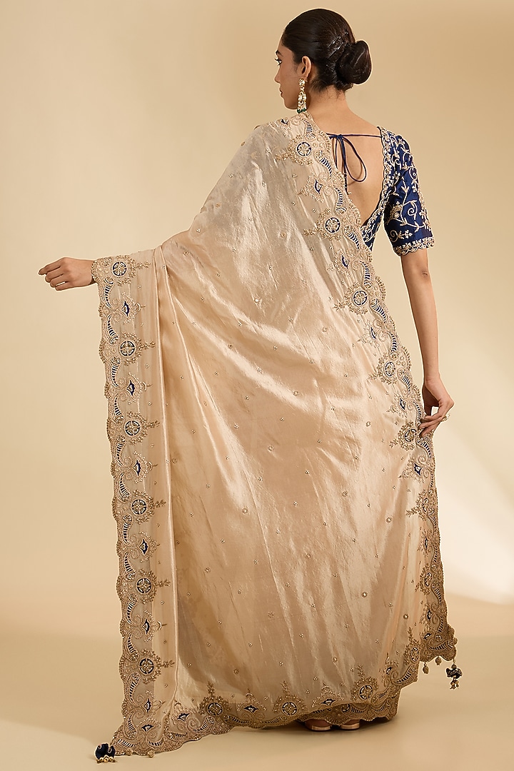 Silver Kora Silk Marori Patch Work Reception Saree Set by Surbhi Shah at Pernia's Pop Up Shop