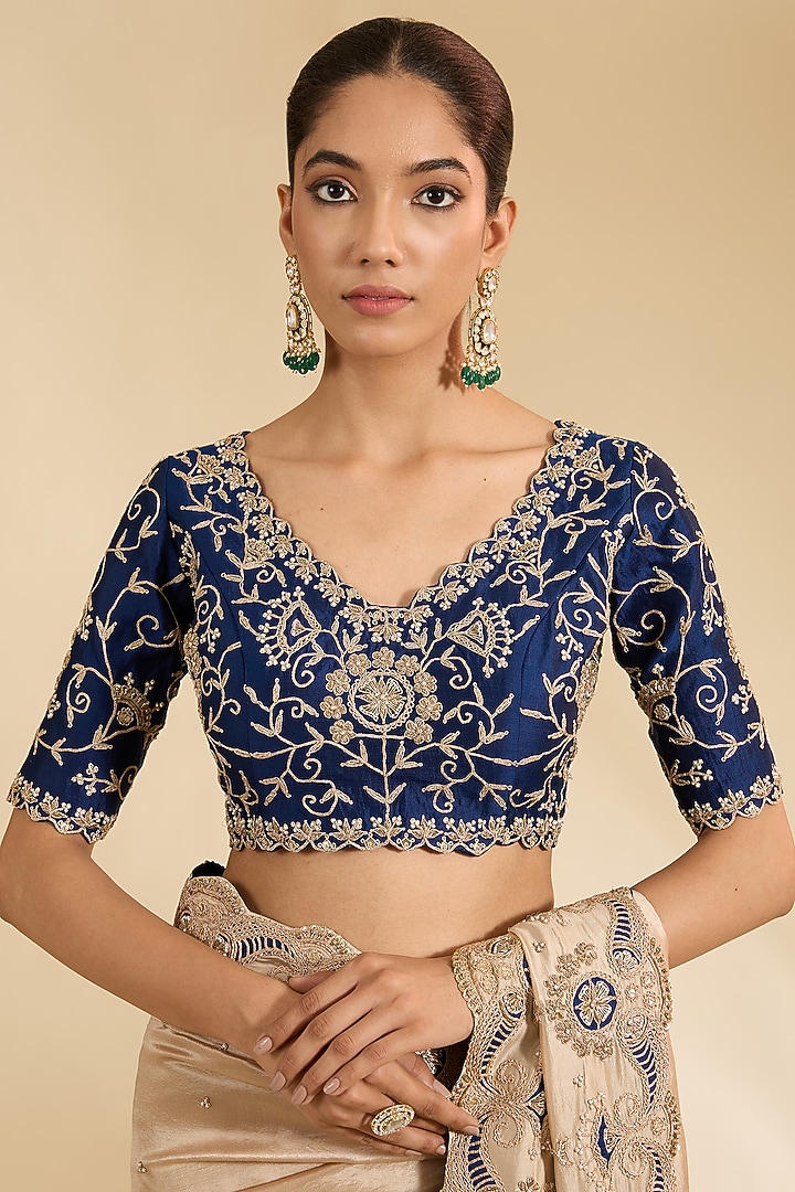 Silver Kora Silk Marori Patch Work Reception Saree Set by Surbhi Shah at Pernia's Pop Up Shop